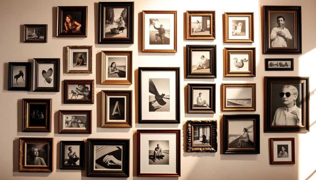 A gallery wall of various framed art pieces and photographs, arranged in an asymmetrical, visually interesting layout across a clean white wall. The frames range from sleek, minimalist metal to ornate, vintage-inspired wood, creating a harmonious, curated collection. Warm, directional lighting casts gentle shadows, accentuating the textures and depths of the frames and artwork. The overall composition is balanced, with negative space allowing each piece to stand out. The scene exudes a sense of style, curation, and elevated, homey ambiance, perfectly suited to illustrate a section on creating a statement with gallery walls.