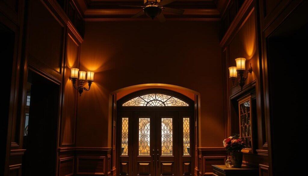 A grand and inviting entryway, bathed in the warm glow of sconce lighting. Elegant wall-mounted fixtures cast a soft, amber radiance, illuminating the rich wood paneling and decor. The lighting creates a welcoming atmosphere, guiding visitors into the cozy, well-appointed space. Dramatic shadows play across the textured surfaces, adding depth and visual interest. The scene exudes a sense of refined sophistication and attention to detail, perfectly complementing the high-end home decor.