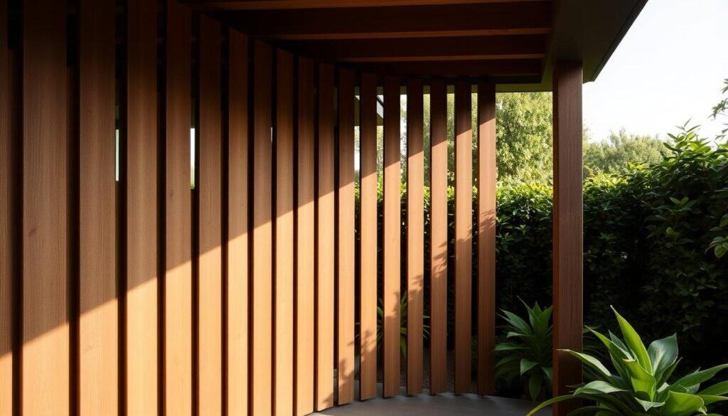 A high-quality, designer-made backyard privacy screen with a modern, minimalist aesthetic. The screen is constructed from sleek, vertical wooden slats arranged in a repeating, geometric pattern. The wood has a smooth, sanded finish in a warm, natural tone that complements the lush greenery of the surrounding garden. Soft, diffused lighting casts gentle shadows, creating depth and texture. The screen is positioned at an angle, framing the patio and providing a sense of enclosure while still allowing glimpses of the outdoor space beyond. The overall atmosphere is one of tranquility, sophistication, and seamless integration with the natural environment.