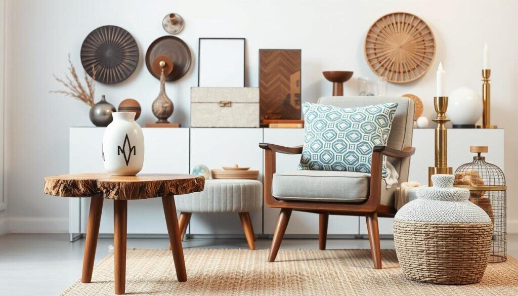 A high-quality, well-lit studio photograph showcasing a diverse collection of distinctive accent pieces that define various design styles. In the foreground, a rustic wooden side table with a live-edge top stands beside a sleek, minimalist ceramic vase. In the middle ground, a retro-inspired mid-century modern armchair is complemented by a geometric patterned throw pillow. The background features a neatly organized display of eclectic decorative items, including a polished brass candlestick, a delicate glass terrarium, and a woven basket. The lighting is soft and even, creating a warm, inviting atmosphere that highlights the textures, colors, and unique characteristics of each accent piece. The camera angle is slightly elevated to provide an engaging, visually compelling perspective.