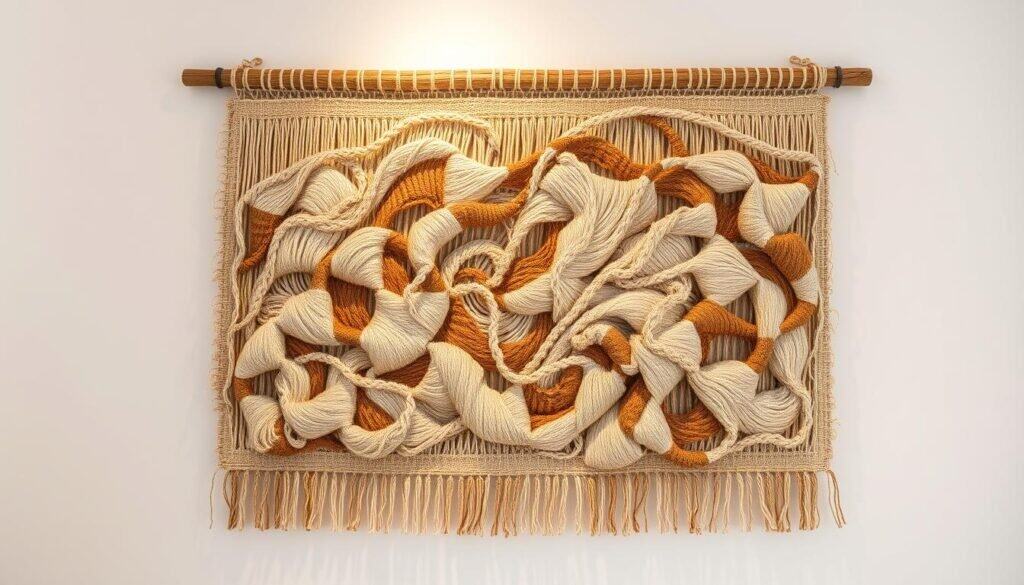 A large, intricately woven textile wall hanging with an organic, abstract pattern. The piece is suspended on a rustic wood frame, casting soft shadows on the surrounding plain white wall. The fiber art is composed of natural, earthy-toned threads and materials like jute, cotton, and linen, expertly blended to create a tactile, textural surface. Warm, diffused lighting from above highlights the depth and dimension of the weaving, casting a soothing, peaceful ambiance. The overall composition conveys a sense of handcrafted artistry and natural beauty, perfect for complementing a minimalist home décor style.