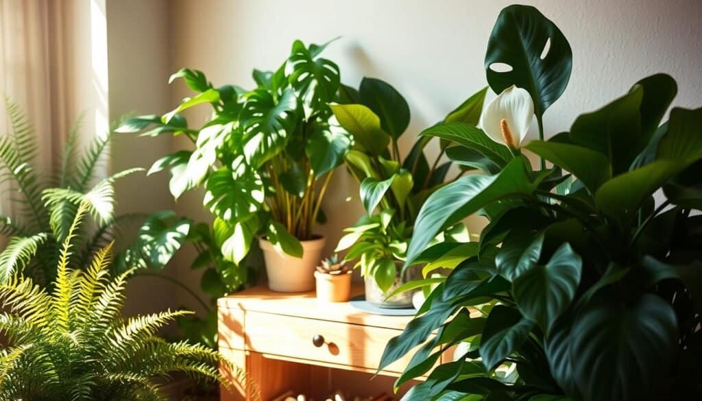 A lush, verdant arrangement of air-purifying plants nestled in a cozy bedroom setting. The soft, natural lighting casts a warm, soothing glow, highlighting the vibrant foliage and natural textures. In the foreground, a variety of thriving houseplants, including lush ferns, leafy philodendrons, and a graceful peace lily, stand as natural air filters. The middle ground features a rustic wooden nightstand or side table, its surface adorned with a small potted succulent and a decorative glass vase. In the background, the bedroom walls are painted in a calming neutral tone, creating a tranquil, relaxing atmosphere. The overall composition conveys a sense of harmony and balance, inviting the viewer to breathe deeply and embrace the restorative power of nature within the home.