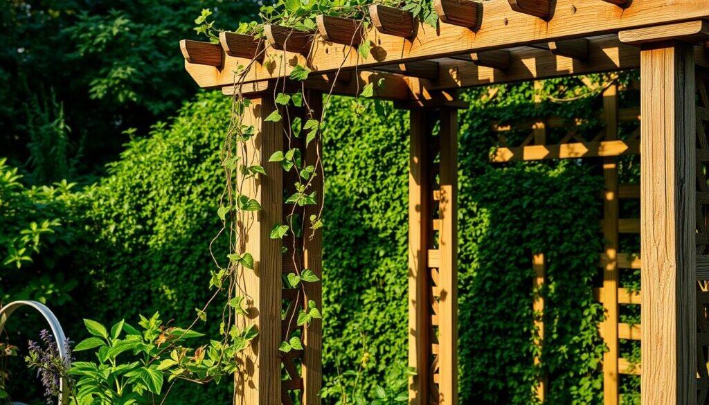 A lush, verdant garden backdrop with a beautifully crafted wooden trellis in the foreground. The trellis features intricate lattice work, weathered and seasoned by time, casting warm, natural shadows across the scene. Trailing vines and climbing plants weave through the trellis, adding pops of vibrant color and organic texture. Soft, diffused lighting illuminates the setting, creating a serene, inviting atmosphere. The composition emphasizes the harmonious integration of the trellis structure with the surrounding landscape, showcasing its functional and aesthetic value in the garden.
