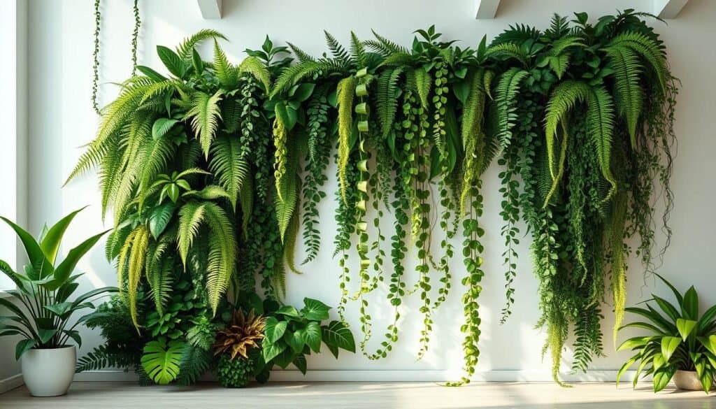 A lush, verdant plant wall decoration adorns the blank canvas of a minimalist interior. Towering ferns, trailing vines, and vibrant foliage cascade across the frame, creating a stunning natural focal point. Diffused light filters through the greenery, casting a warm, earthy glow and accentuating the organic textures. The composition features a balanced arrangement of flora, with a mix of tall, mid-height, and trailing plants strategically placed to draw the eye inward. The overall mood is one of serene, restorative calm - a harmonious blend of nature and modern design.