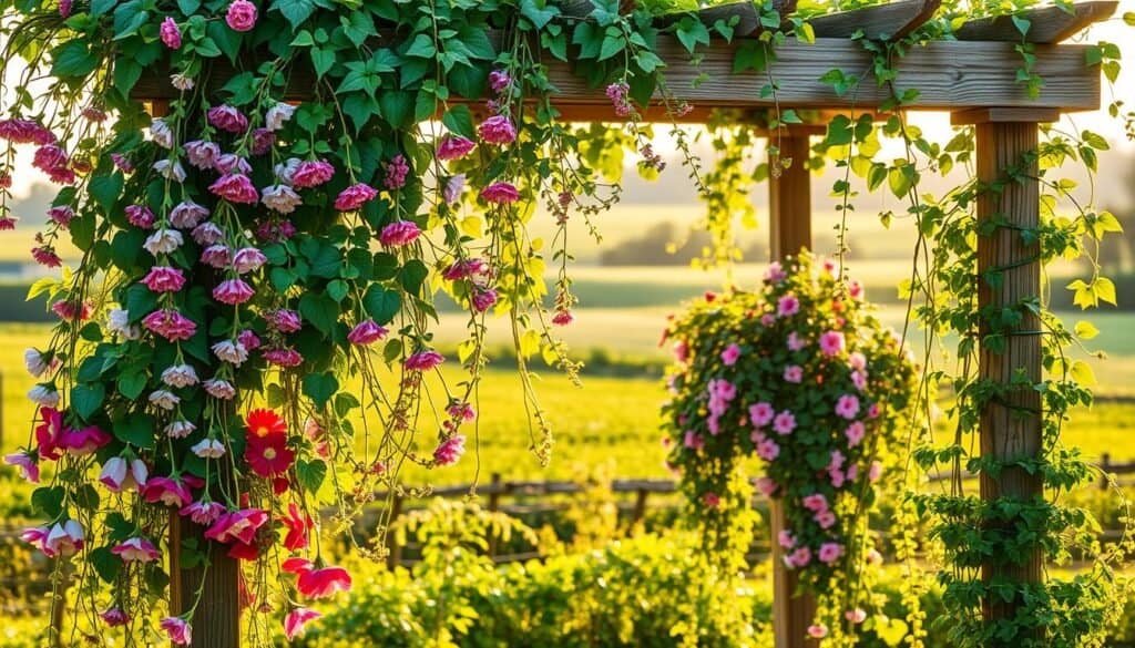 A lush, verdant trellis adorned with a vibrant array of climbing plants, bathed in warm, golden sunlight. Delicate tendrils twine gracefully around the wooden structure, creating a picturesque scene of natural harmony. In the foreground, a variety of flowering vines cascade downward, their blossoms bursting with vivid hues. The middle ground showcases a mix of leafy climbers, their foliage creating a layered, textured tapestry. In the background, the trellis blends seamlessly into a serene, pastoral landscape, emphasizing the tranquil, bucolic atmosphere. Captured with a sharp, high-resolution lens, this image showcases the beauty and versatility of climbing plants perfectly suited for a simple, rustic wood trellis.