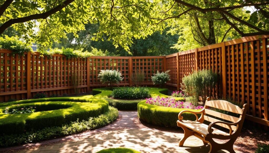 A lush, well-tended garden surrounded by a beautifully crafted wooden fence, its intricate latticework casting delicate shadows on the neatly trimmed hedges and vibrant flower beds. The natural grain of the wood harmonizes with the earthy tones of the garden, creating a warm and inviting atmosphere. Dappled sunlight filters through the overhead canopy, illuminating the scene with a soft, golden glow. In the foreground, a charming wooden bench offers a cozy spot to sit and admire the carefully curated garden design. The overall impression is one of tranquility and timeless elegance, where the intersection of nature and craftsmanship creates a truly captivating visual experience.