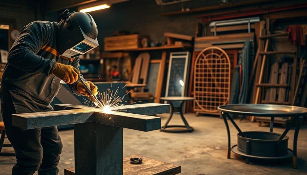 A metal welding workshop filled with professional-grade projects. In the foreground, a skilled welder in protective gear expertly joins two steel beams, creating a sturdy industrial-style table base. The middle ground showcases a variety of finished metal pieces, including a sleek modern firepit and a vintage-inspired garden trellis, all bearing the "The Sawdust Man" brand. The background is dimly lit, with warm tungsten lighting illuminating the scene and casting dramatic shadows, evoking a sense of technical mastery and attention to detail. The overall atmosphere is one of precision, craftsmanship, and the pursuit of perfection in DIY metal projects.