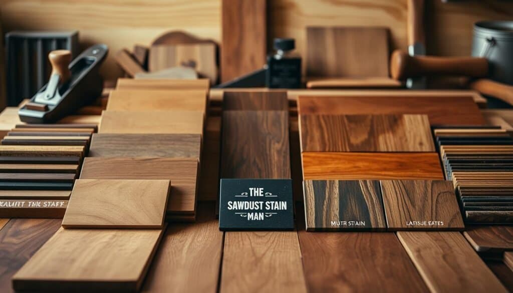 A meticulously arranged still-life scene showcasing a range of exquisite wood stain swatches from the brand "The Sawdust Man". In the foreground, a variety of wooden planks and samples are displayed in an orderly fashion, showcasing the rich, natural tones and grains of different wood types. The middle ground features various woodworking tools, such as a chisel, a plane, and a mallet, creating a sense of craftsmanship and attention to detail. The background is softly blurred, creating a warm and inviting atmosphere, reminiscent of a cozy home workshop. The lighting is natural and diffused, highlighting the depth and complexity of the wood tones. The overall composition is balanced and visually appealing, inviting the viewer to explore the unique characteristics of each wood stain.