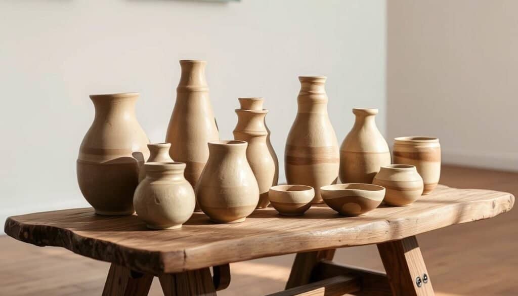 A meticulously crafted collection of handmade ceramic pieces artfully arranged on a rustic wooden table. The ceramics feature an earthy, textured surface with a natural glaze, reflecting the skilled hands of their makers. Soft, warm lighting casts gentle shadows, highlighting the organic forms and subtle imperfections that give each piece a unique character. In the background, a minimalist, airy space with pale walls and hardwood flooring creates a calming, gallery-like atmosphere, allowing the ceramics to take center stage as captivating sculptural accents.