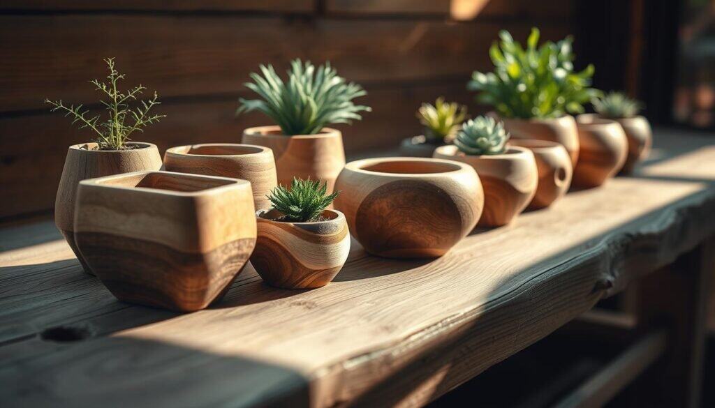 A meticulously crafted collection of handmade wooden planters resting on a rustic wooden surface, illuminated by warm, natural lighting that casts gentle shadows. The planters feature a range of shapes and sizes, showcasing the skilled craftsmanship of their creators, with subtle textures and grain patterns that add depth and character. The arrangement is designed to create a harmonious, calming atmosphere, inviting the viewer to imagine these beautifully constructed pieces adorning a tranquil, nature-inspired living space.