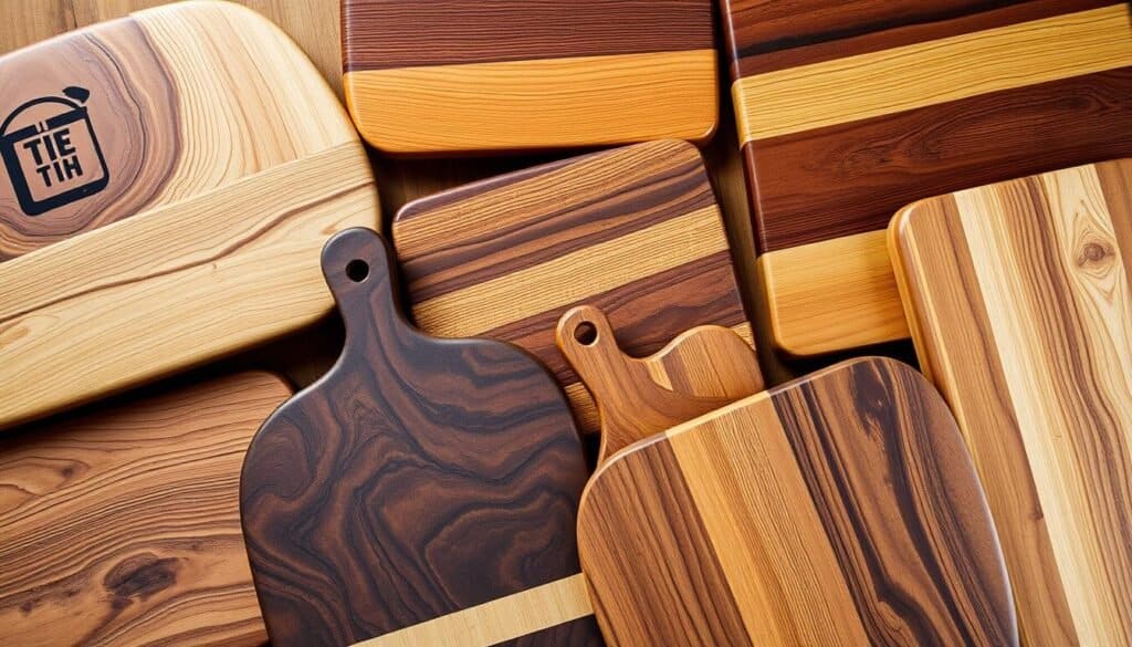 A meticulously crafted collection of wood serving boards from "The Sawdust Man" workshop. Intricately textured surfaces in rich, warm tones of oak, maple, and walnut. Skillfully finished with natural oils, each board exhibits a unique grain pattern and subtle knots. A harmonious arrangement showcases their versatility, from charcuterie platters to rustic bread boards. Soft, diffused lighting highlights the tactile quality of the wood, while strategic angles emphasize the boards' clean lines and elegant simplicity. This advanced technique elevates the humble cutting board into a captivating centerpiece for any modern kitchen or dining space.