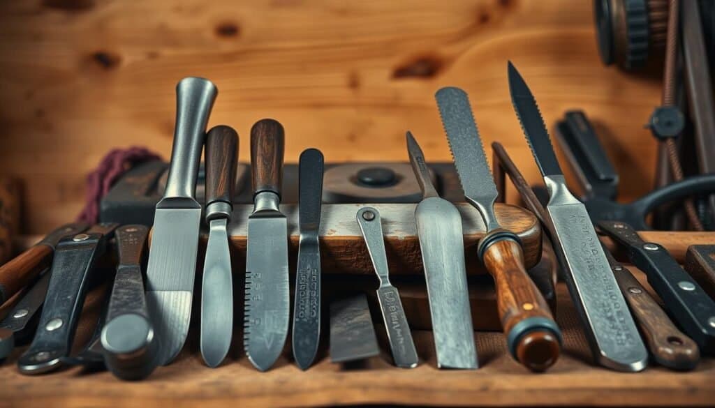 A meticulously crafted still life composition showcasing the core principles of tool sharpening. In the foreground, an array of sharp, gleaming blades, chisels, and cutting tools arranged in an elegant display. The middle ground features a vintage sharpening stone, its surface worn with years of use, alongside a set of precision files and hones. The background is a warm, rustic workshop setting, with natural wooden textures and gentle ambient lighting that accentuates the tools' craftsmanship. The overall atmosphere conveys a sense of precision, craftsmanship, and the timeless tradition of maintaining sharp, well-cared-for tools.