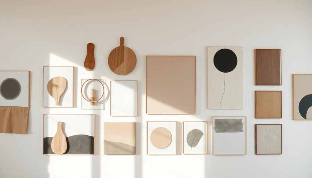 A minimalist art gallery filled with modern, abstract wall hangings in a variety of materials and textures. Soft, natural lighting illuminates the clean, contemporary compositions - geometric shapes, organic forms, and muted color palettes in a serene, elegant display. Diverse mediums including wood, metal, and paper create a visually striking yet cohesive collection, perfectly curated for a stunning minimalist wall collage.