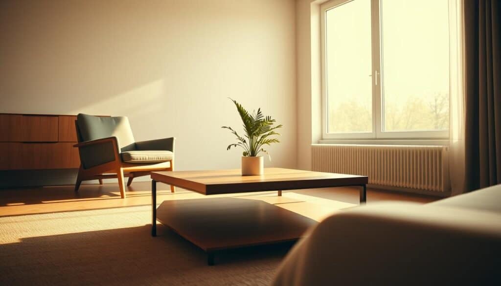 A minimalist living room with a wooden coffee table, a sleek armchair, and a potted plant. Warm, diffused lighting filters in through large windows, casting soft shadows. The furniture has clean lines and a muted color palette, creating a serene, uncluttered atmosphere. The room is captured from a low angle, emphasizing the elegant simplicity of the design. The image has a natural, documentary-style feel, inviting the viewer to imagine themselves in this tranquil, personal space.