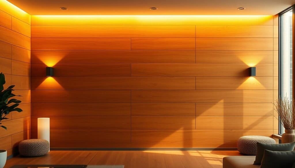 A modern and inviting wood accent wall, illuminated by warm, natural lighting. The wooden panels have a rich, textured grain, creating a cozy and sophisticated ambiance. Strategically placed lighting fixtures cast a soft, ambient glow, enhancing the wood's natural beauty. The room is filled with a harmonious blend of minimalist furnishings and natural materials, reflecting a harmonious and rejuvenating atmosphere. The overall scene conveys a sense of tranquility and a subtle invitation to reset and refresh one's routine.