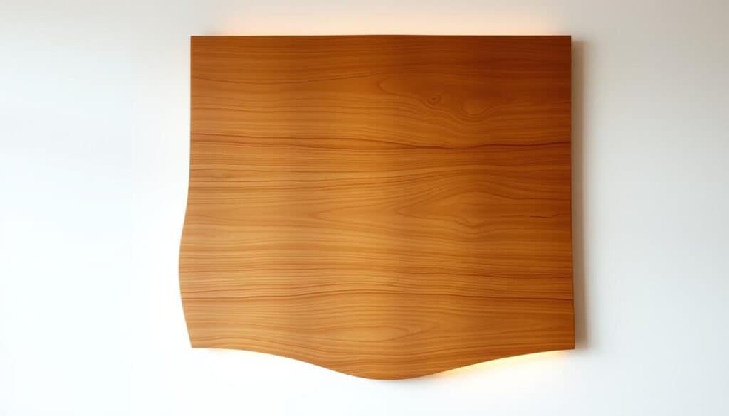 A modern and minimalist wood wall art piece, featuring a natural, smooth-grained timber panel with a sleek, contemporary design. Warm, indirect lighting casts a soft, even glow, highlighting the subtle textures and natural variations in the wood. The panel is mounted on the wall at a slight angle, creating a dynamic, sculptural effect. The overall composition exudes a sense of balance, simplicity, and refined craftsmanship, perfectly complementing the serene, nature-inspired atmosphere of the room.