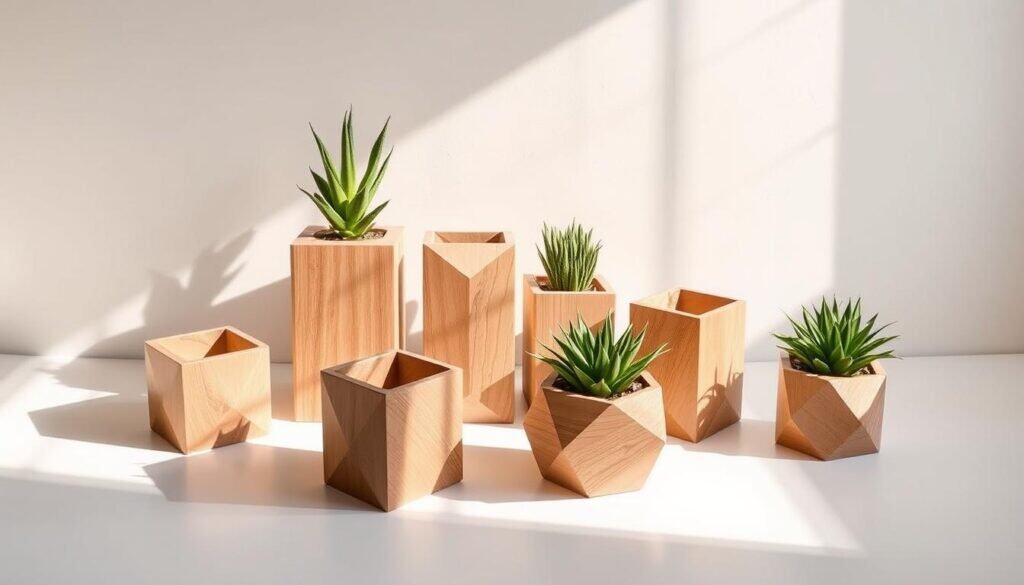 A modern, geometric planter set made of sleek, clean-lined wood in a natural finish, casting soft shadows on a minimalist background. The planters feature sharp edges, angular designs, and a variety of shapes - cubes, triangles, and hexagons - creating a visually striking, contemporary display. The lighting is soft and diffused, with a warm, natural glow that highlights the organic texture of the wood. The overall composition is well-balanced, with the planters positioned in an aesthetically pleasing arrangement that draws the eye and conveys a sense of minimalist sophistication.