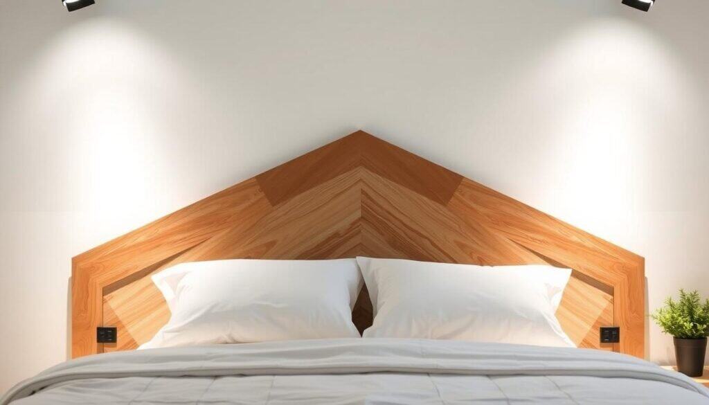 A modern geometric wooden headboard with a sleek, minimalist design. The headboard features clean lines and angular shapes, creating a visually striking and contemporary piece. The wood is a warm, natural tone, adding a touch of organic warmth to the design. Soft, diffused lighting from above casts gentle shadows, accentuating the geometric patterns and creating a cozy, inviting atmosphere. The headboard is positioned against a plain, white wall, allowing the design to take center stage. The overall mood is one of simplicity, sophistication, and a touch of rustic charm.