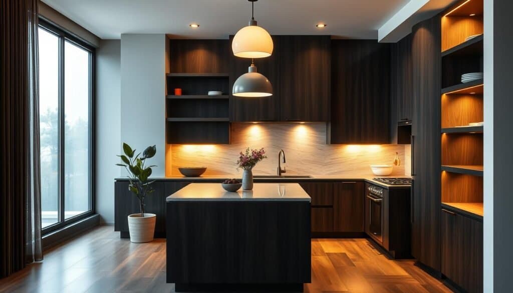 A modern kitchen with sleek black wood accents. Warm lighting casts a cozy glow, highlighting the natural grain and texture of the carefully crafted cabinetry and shelving. A central island anchors the space, its sharp lines complemented by the soft curves of a pendant lamp overhead. The backsplash reflects the play of light and shadow, creating depth and visual interest. Stainless steel appliances offer a polished contrast, while a potted plant brings a touch of nature into the refined, minimalist design. The overall atmosphere is one of understated elegance and sophisticated style.