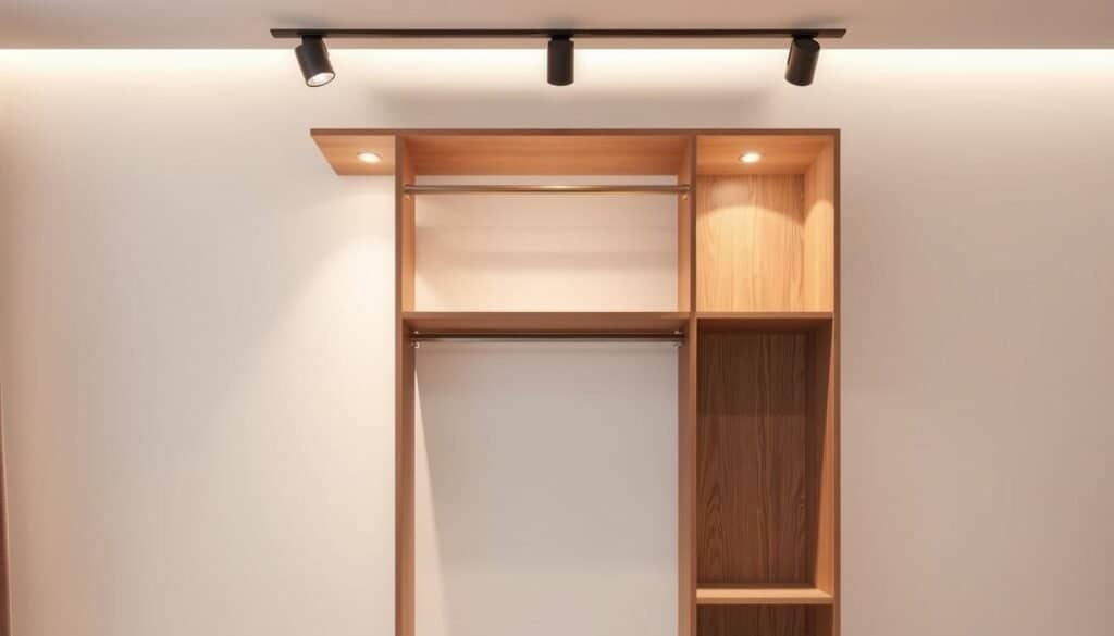 A modern, minimal wooden wardrobe rack with integrated lighting fixtures, casting a warm, diffused glow across the room. The rack features clean, angular lines and a natural wood grain finish, complemented by subtle track lighting that illuminates the space from above. Placed against a plain, light-colored wall, the wardrobe rack stands as a focal point, its streamlined design and elegant lighting creating a cozy, inviting atmosphere. The overall scene conveys a sense of understated sophistication, where form and function seamlessly merge to define the character of the space.