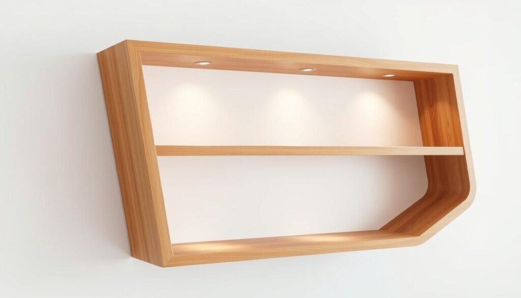 A modern, minimalist wooden shelf with clean lines and a natural finish, floating effortlessly against a bright, airy wall. The shelves are meticulously crafted, with a subtle grain pattern that adds depth and texture. Carefully positioned spotlights illuminate the sleek design, casting a warm, inviting glow. The overall aesthetic is one of refined simplicity, perfectly suited to showcase a curated selection of décor, books, or personal keepsakes. The shelf is positioned at an angle, creating a dynamic, contemporary feel, while remaining perfectly balanced and harmonious within the space.