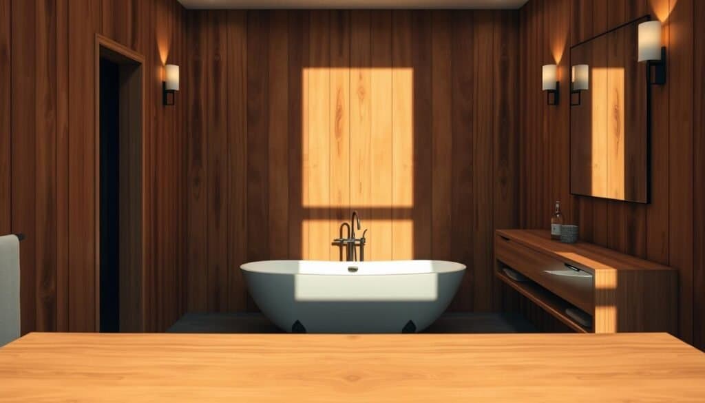 A modern, spa-like bathroom featuring warm, natural wood accents. The foreground showcases a sleek, floating vanity with a smooth, sanded wood top and minimalist hardware. The middle ground highlights a freestanding, claw-foot tub nestled against a wall clad in vertical wood planks, casting dynamic shadows. In the background, a large, frameless mirror reflects the room's serene ambiance, complemented by the soft, diffused lighting from sconces mounted on the wood-paneled walls. The overall scene conveys a sense of tranquility and luxury, inviting the viewer to imagine themselves in this calming, spa-like retreat.