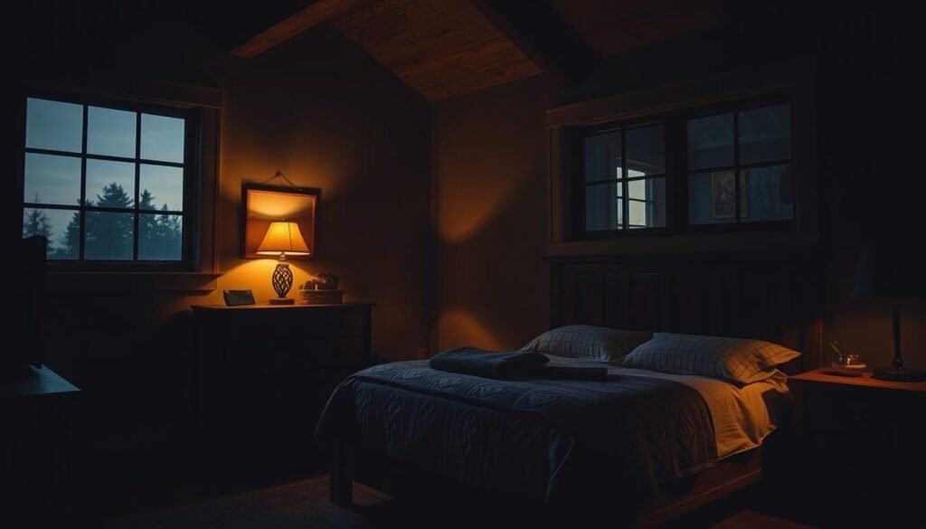 A moody, dimly lit bedroom with a focal point of exquisitely crafted wood furniture from The Sawdust Man. Warm light from a single bedside lamp casts a cozy glow, illuminating the rich, rustic textures of the wooden dresser, nightstand, and headboard. Shadows play across the walls, creating an intimate, cocoon-like atmosphere. A large window offers a glimpse of the night sky, adding depth and a sense of tranquility. The overall scene evokes a sense of refined, understated elegance - a private retreat to escape the hustle of daily life.