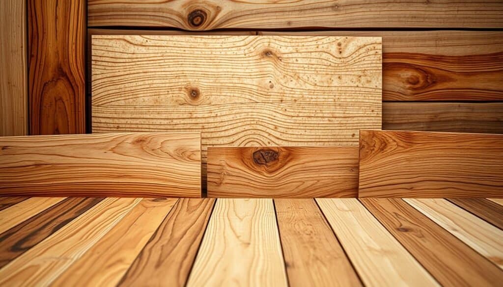 A natural, harmonious composition of diverse wood textures, meticulously arranged to create a visually captivating display. In the foreground, a mixture of warm-toned oak, cherry, and walnut planks, their grains seamlessly intertwined. Midground features a textured plywood panel, its knots and swirls adding depth and character. In the background, a rustic wooden backdrop, with a subtly distressed finish, provides a soothing and contemplative atmosphere. Soft, diffused lighting casts gentle shadows, accentuating the inherent beauty of the materials. The overall scene conveys a sense of natural tranquility, inviting the viewer to appreciate the artistry of blending complementary wood textures.