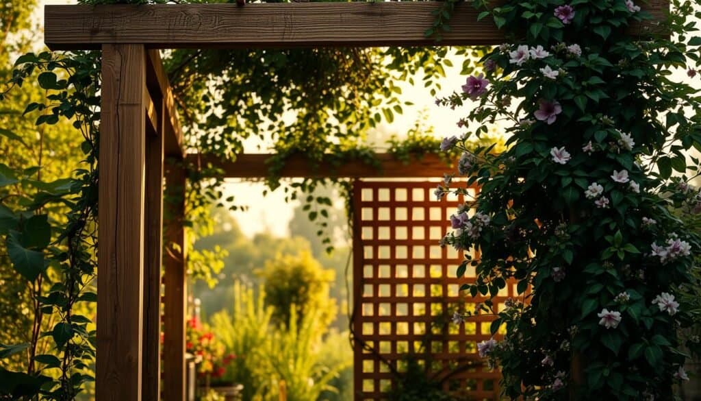 A natural, rustic privacy trellis made of sturdy wood beams, standing tall in a lush, verdant garden. The trellis casts soft, dappled shadows, its intricate lattice work offering a sense of enclosure and seclusion. Trailing vines and fragrant flowers cling to the structure, creating a living, breathable boundary between garden spaces. The overall scene is bathed in warm, golden-hour lighting, casting a cozy, inviting ambiance. Angle the camera slightly from below to emphasize the height and grandeur of the trellis, framing it against a backdrop of verdant foliage and a hazy, atmospheric sky.