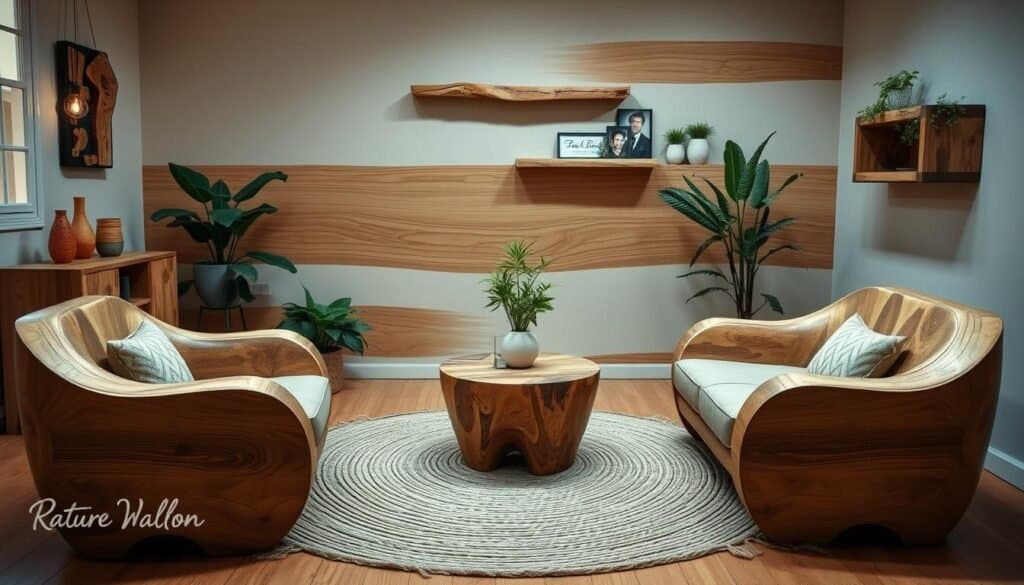 A nature-inspired living room set made from reclaimed wood, with a rustic yet modern design. Organic shapes and natural textures create a warm, inviting atmosphere. Soft lighting casts a gentle glow, highlighting the wood's intricate grain patterns. Smooth, curved armchairs sit atop a woven area rug, surrounded by potted plants and a wall-mounted shelving unit displaying decorative items. The overall scene conveys a sense of tranquility and personalized style, reflecting the owner's connection to the natural world.