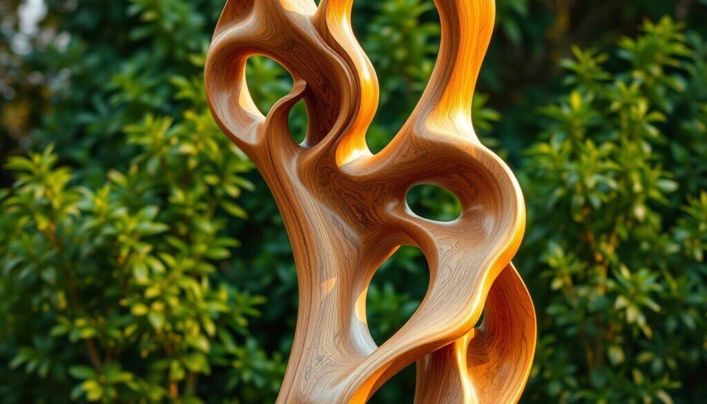 A nature-inspired, organic sculpture composed of intricate, flowing forms carved from smooth, polished wood. The piece stands tall, capturing the graceful movement and patterns found in the natural world. Warm, diffused lighting illuminates the sculpture's delicate details, casting gentle shadows that accentuate its sculpted features. The sculpture is positioned against a backdrop of lush, verdant foliage, creating a harmonious and serene environment that evokes a sense of tranquility and connection to the natural landscape.
