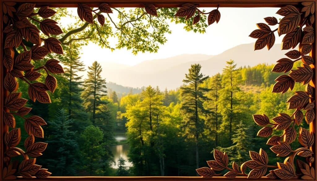 A nature-inspired wall art piece showcasing a tranquil forest scene. In the foreground, intricate wooden frames carved with intricate leaf patterns and textures, creating a 3D effect. The middle ground features a lush, verdant forest with towering trees, dappled sunlight filtering through the canopy, and a serene pond reflecting the surrounding foliage. In the background, hazy mountains rise, bathed in a warm, golden glow. The overall composition evokes a sense of harmony and connection with the natural world, perfect for a peaceful, nature-inspired home decor accent.