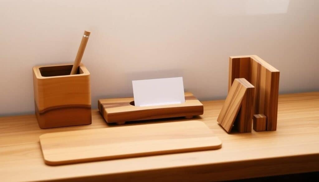 A neatly arranged collection of handmade wooden desk accessories, including a minimalist pen holder, a small card tray, and a compact set of bookends, all crafted with a natural, rustic aesthetic. Soft, diffused lighting illuminates the smooth, tactile surfaces of the pieces, evoking a sense of tranquility and thoughtful design. The accessories are placed against a simple, muted background, allowing their simple, elegant forms to take center stage.