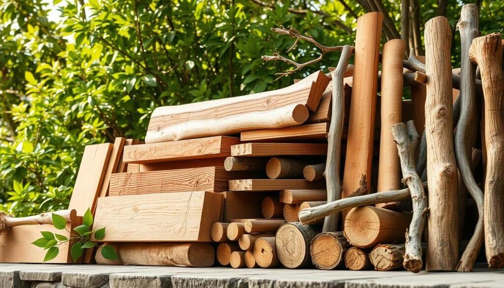 A neatly organized assortment of sustainably sourced wood planks, logs, and branches in various warm, natural tones. The items are arranged against a backdrop of lush greenery, with hints of sunlight filtering through the leaves. The composition showcases the texture and grain of the wood, emphasizing its eco-friendly and versatile nature for garden projects. The lighting is soft and diffused, creating a serene, tranquil atmosphere. A high-resolution, detailed, and photorealistic image captured with a wide-angle lens to highlight the natural beauty and potential of these sustainable wood elements.