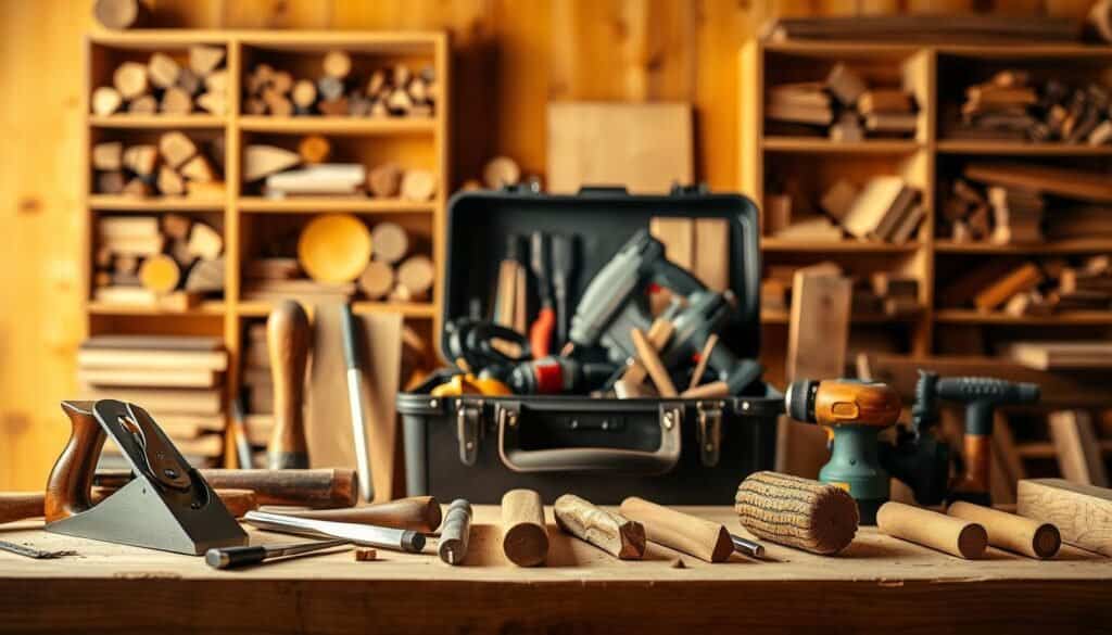 A neatly organized collection of essential woodworking tools against a warm, wooden backdrop. In the foreground, a sturdy workbench displays a variety of hand tools, including a smooth plane, a sharp chisel, and a well-worn mallet. In the middle ground, a toolbox stands open, revealing a selection of power tools such as a jigsaw, a drill, and a sander. The background showcases shelves filled with various types of wood, creating a cozy, workshop atmosphere. Warm, directional lighting casts gentle shadows, highlighting the textures and materials. The overall composition conveys a sense of craftsmanship, functionality, and the joy of working with one's hands.