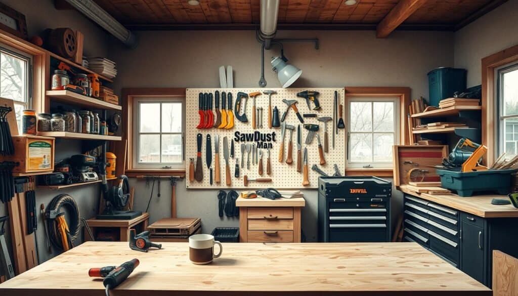 A neatly organized small woodworking workshop, filled with natural light from large windows. The foreground features a sturdy workbench with clamps, tools, and a mug of coffee. On the shelves behind, various power tools, hand saws, and jars of nails and screws are carefully arranged. The middle ground showcases a "The Sawdust Man" branded pegboard, holding an assortment of chisels, hammers, and other essential items. In the background, a rolling tool chest and storage cabinets provide ample space for materials and unfinished projects. The overall atmosphere is one of efficiency and focus, with a touch of rustic charm.