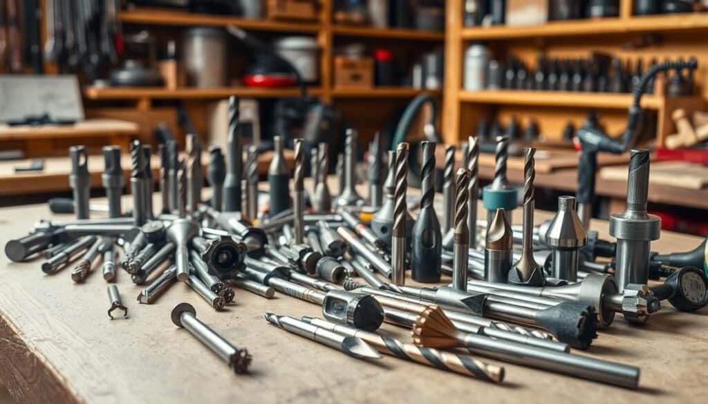 A neatly organized workshop table, the surface scattered with a variety of router bits and drill bits in different shapes and sizes. The tools are meticulously arranged, their sharp edges gleaming under warm, directional lighting, casting soft shadows that accentuate their intricate designs. In the background, shelves hold an assortment of other workshop essentials, creating a sense of a well-equipped, professional workspace dedicated to the maintenance and care of these essential woodworking implements. The overall atmosphere conveys a mood of precision, diligence, and a reverence for the craft of keeping one's tools in optimal condition.