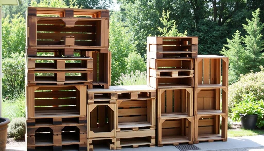 A neatly stacked arrangement of repurposed wooden pallets, their weathered planks forming a series of cubbies, shelves, and storage compartments. The pallets are artfully assembled, showcasing the natural beauty of the wood and the expert craftsmanship of "The Sawdust Man". A warm, natural lighting illuminates the scene, casting gentle shadows and highlighting the rich textures. In the background, a lush, verdant garden provides a serene, inviting backdrop, creating a harmonious blend of nature and functional design. The overall composition exudes a sense of rustic charm and eco-conscious creativity, perfectly capturing the essence of transforming wooden pallets into stylish garden storage solutions.