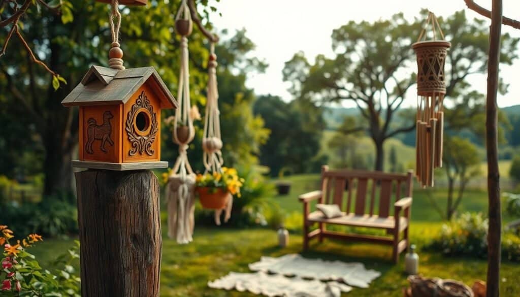 A peaceful outdoor scene showcasing handmade DIY crafts. In the foreground, a charming wooden birdhouse with intricate carvings and a bright, sun-weathered finish rests atop a rustic wooden post. Nearby, a set of handwoven macrame plant hangers sway gently, their earthy tones complementing the verdant foliage surrounding them. In the middle ground, a cozy bench crafted from reclaimed timber invites relaxation, while a hanging wooden chime dances in the gentle breeze. The background is a lush, verdant landscape, with towering trees and a serene sky overhead, bathed in warm, natural lighting that casts a soft, inviting glow over the entire scene.