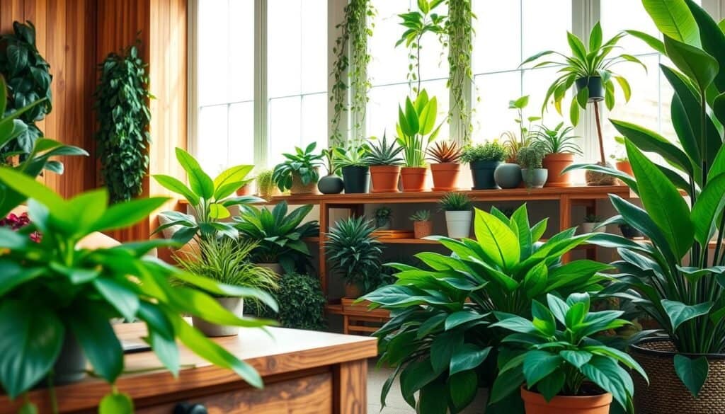 A peaceful, well-lit indoor scene showcasing a variety of lush green plants artfully arranged alongside warm, rustic wooden accents. The foreground features an assortment of potted houseplants, their vibrant foliage contrasting beautifully with the smooth, natural grains of a wooden coffee table or side table. In the middle ground, a wooden wall panel or shelving unit displays an eclectic mix of potted succulents, trailing vines, and other leafy plants. The background depicts a bright, airy room with large windows allowing natural light to bathe the scene in a soft, golden glow. The overall composition evokes a sense of harmonious balance between the organic forms of the plants and the rich, textural qualities of the wooden elements.