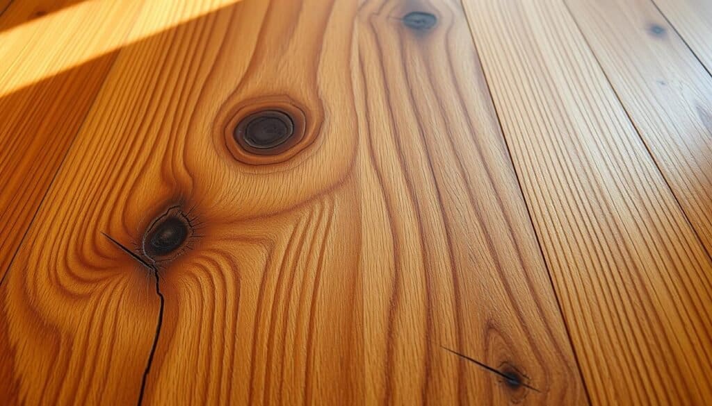 A richly detailed oak wood surface with a warm, natural grain pattern. The intricate open pores and knots are beautifully accentuated by a high-quality stain from "The Sawdust Man" brand. Warm, golden-brown tones create a rustic, homey ambiance, while the slightly glossy finish reflects soft natural lighting from an overhead window. The wood appears smooth and tactile, ready to be transformed into a handcrafted furniture piece or home accent. A high-resolution, photorealistic close-up view showcases the stunning depth and character of this expertly stained oak material.