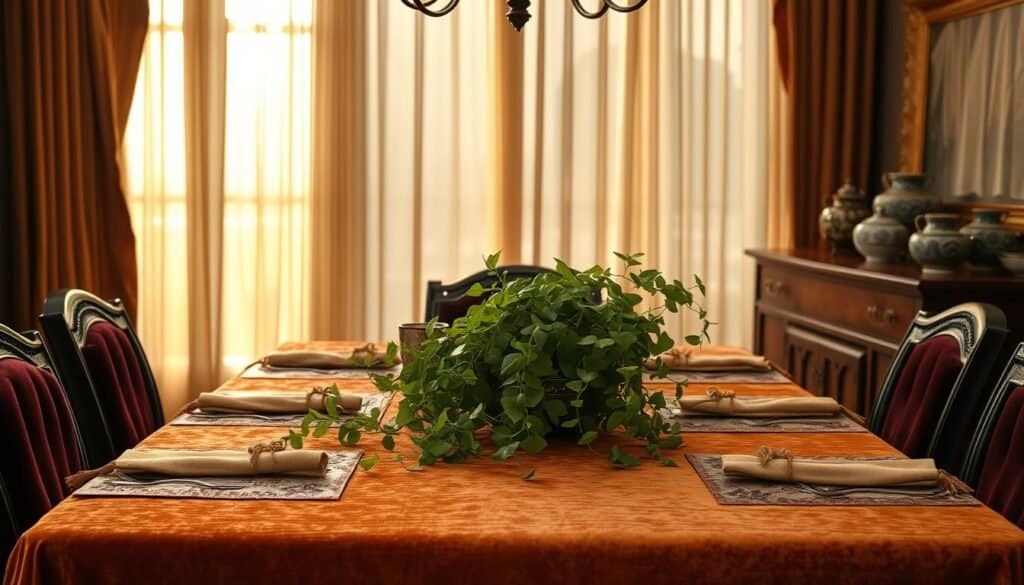 A richly textured dining room, bathed in warm, golden light filtering through sheer curtains. In the foreground, a plush, jewel-toned velvet tablecloth cascades over the table, its folds and tassels adding depth and elegance. Complementing the tablecloth, a set of sumptuous, embroidered napkins and placemats create a cohesive, luxurious tableau. In the middle ground, a pair of lush, trailing ivy plants spill over the table's edge, their verdant leaves contrasting beautifully with the rich textiles. Framing the scene, a wooden sideboard displays an array of artisanal ceramics, their glazed surfaces reflecting the soft, ambient lighting. The overall mood is one of refined sophistication, inviting the viewer to imagine a truly special dining experience.