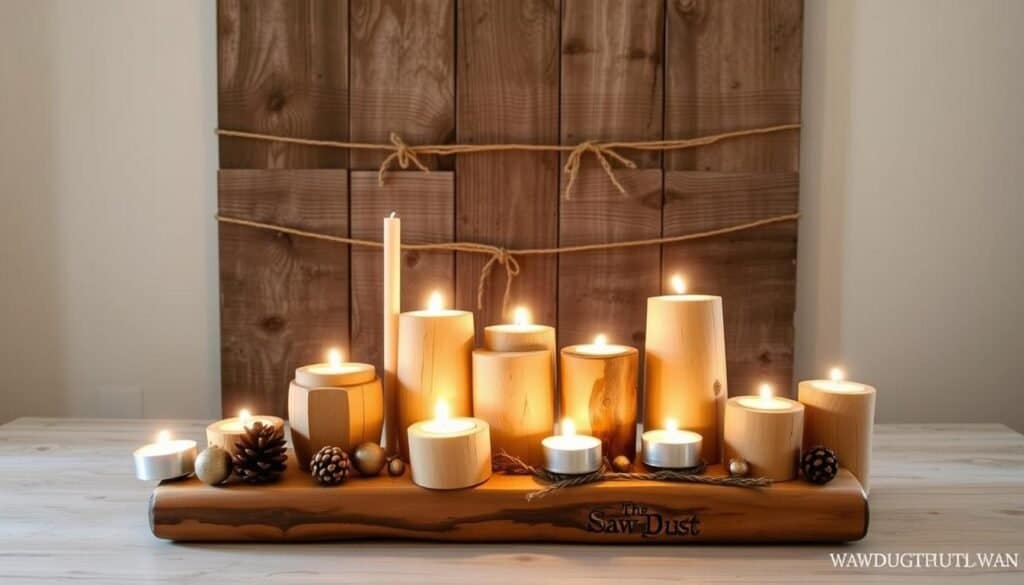 A rustic DIY candle arrangement crafted by The Sawdust Man, showcasing a centerpiece of natural wood and warm tones. In the foreground, a collection of unfinished wooden candle holders in varying shapes and sizes, adorned with artfully arranged tealight candles casting a cozy glow. The middle ground features a weathered, barn-wood plank backdrop, complemented by twine, pinecones, and other organic elements. In the background, a soft, diffused lighting creates a serene, intimate atmosphere, highlighting the textural beauty of the handmade arrangement. The overall scene exudes a warm, inviting ambiance, perfect for elevating everyday dining experiences.