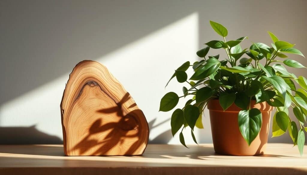 A rustic DIY wood accent piece, crafted from smooth natural wood, stands beside a lush, verdant house plant. Soft, directional lighting highlights the warm, organic grain and texture of the wood, creating a calming, inviting atmosphere. The wooden accent is positioned in the middle ground, drawing the eye towards the plant's vibrant foliage in the foreground. Subtle shadows and highlights add depth and dimension, while the muted, earthy color palette evokes a sense of tranquility. The composition is balanced and visually pleasing, showcasing the simple beauty of a handmade wood accent in a cozy, domestic setting.