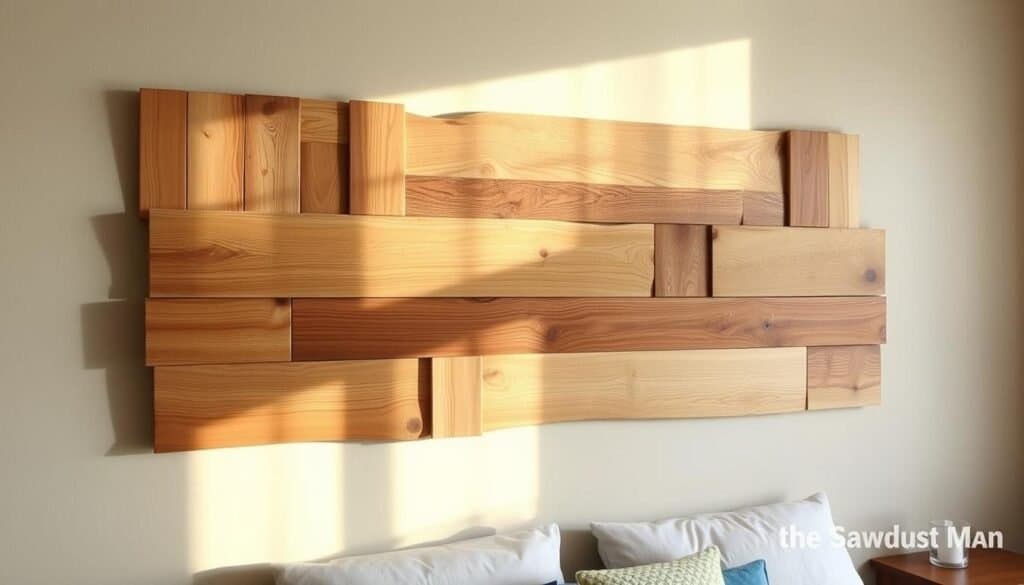 A rustic DIY wood wall art piece, handcrafted by The Sawdust Man. Natural oak boards in varying shades, gently distressed and textured. Soft, warm lighting casts gentle shadows, highlighting the organic grain and knots. A mix of geometric and organic shapes, thoughtfully arranged in a dynamic, asymmetrical composition. Muted earth tones and raw materials evoke a cozy, inviting atmosphere. The piece is displayed on a neutral-toned bedroom wall, complementing the relaxed, rustic style of the space.