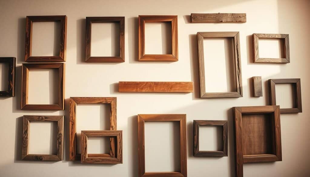 A rustic and charming collection of reclaimed wood frames, each with its own unique character and history. The frames are arranged artfully on a light-colored wall, casting warm shadows and creating a captivating display. The wood has a weathered, distressed appearance, with natural knots, grains, and imperfections that add depth and visual interest. The frames are of varying sizes and shapes, some rectangular, others with a more organic, irregular form, carefully curated to create a cohesive, yet eclectic arrangement. The lighting is soft and diffused, accentuating the texture and warmth of the wood. The overall atmosphere is one of rustic elegance, inviting the viewer to imagine the stories behind these repurposed frames.