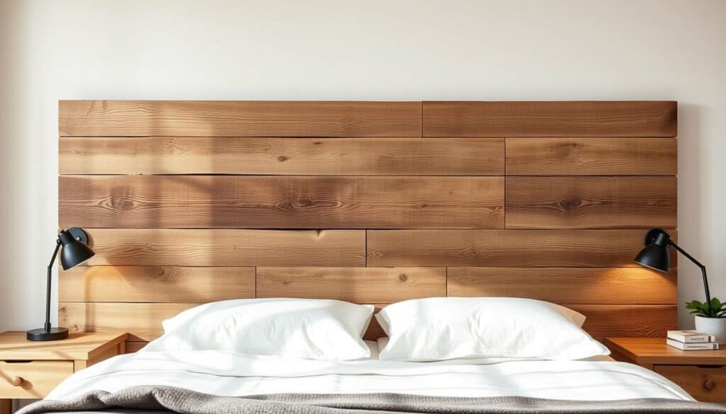 A rustic and charming reclaimed wood headboard takes center stage in a cozy, well-lit bedroom. The distressed, weathered planks create a focal point with natural character and warmth, complemented by soft, diffused lighting that casts gentle shadows across the surface. The headboard's unique, organic grain patterns and knots are highlighted, conveying a sense of age and history. The composition emphasizes the headboard's tactile, handcrafted quality, set against a backdrop of neutral tones and subtle textures that allow the wood to shine. An inviting, serene atmosphere pervades the scene, reflecting the inherent beauty and charm of this reclaimed wood headboard.