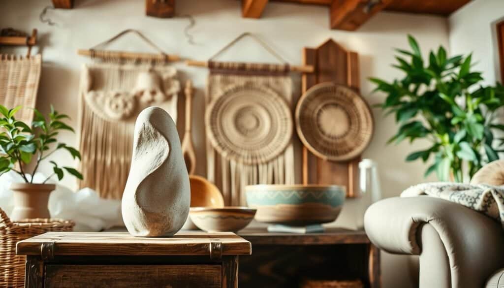 A rustic and eclectic collection of handcrafted decor pieces arranged in a cozy, well-lit interior. In the foreground, a sculptural vase with organic shapes sits atop a weathered wooden side table. In the middle ground, a woven wall hanging and a ceramic bowl with intricate patterns create visual interest. The background features a mix of natural textures, including a wooden beam ceiling and a lush plant in the corner, evoking a warm, inviting atmosphere. The lighting is soft and warm, casting gentle shadows that accentuate the unique shapes and textures of the decor. The overall scene captures a sense of individuality and personal style, reflecting the theme of finding unique accent pieces to revitalize a living space.