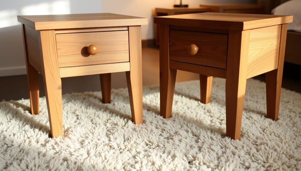 A rustic and handcrafted pair of solid oak bedside tables, each with a smooth, natural grain and a matte finish. The tables feature simple, tapered legs and a single drawer with a simple wood knob pull. Soft, warm lighting casts a gentle glow, highlighting the rich, earthy tones of the wood. The tables are positioned on a plush, neutral-toned area rug, creating a cozy and inviting atmosphere. The overall scene conveys a sense of craftsmanship, comfort, and a connection to nature, perfectly complementing the rustic decor of the bedroom.