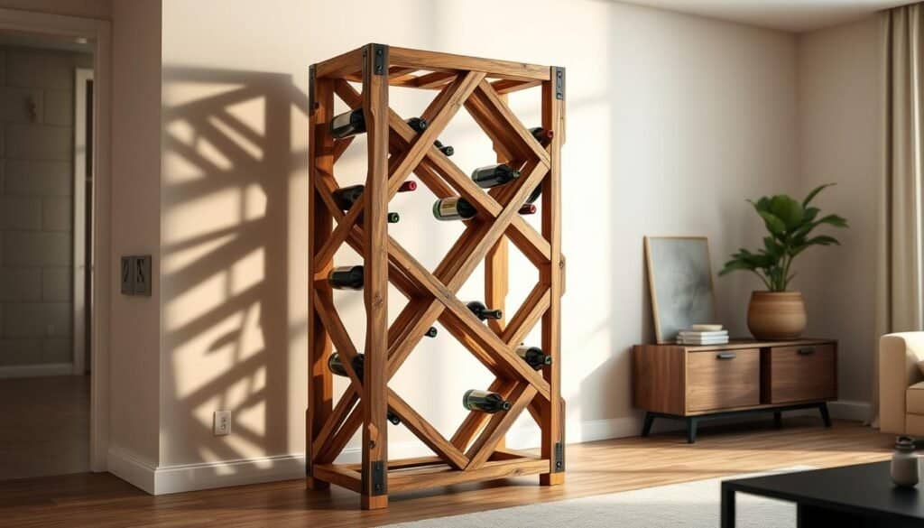 A rustic and unique wine rack, handcrafted from natural wood and metal, standing elegantly in a well-lit, contemporary living space. The intricate design features intersecting geometric shapes, creating a visually striking and functional storage solution for a discerning wine enthusiast. Soft, warm lighting illuminates the rich wood tones and casts gentle shadows, adding depth and character to the piece. The wine rack is strategically placed against a minimalist, neutral-toned background, allowing it to be the focal point and seamlessly blend with the refined, modern decor.